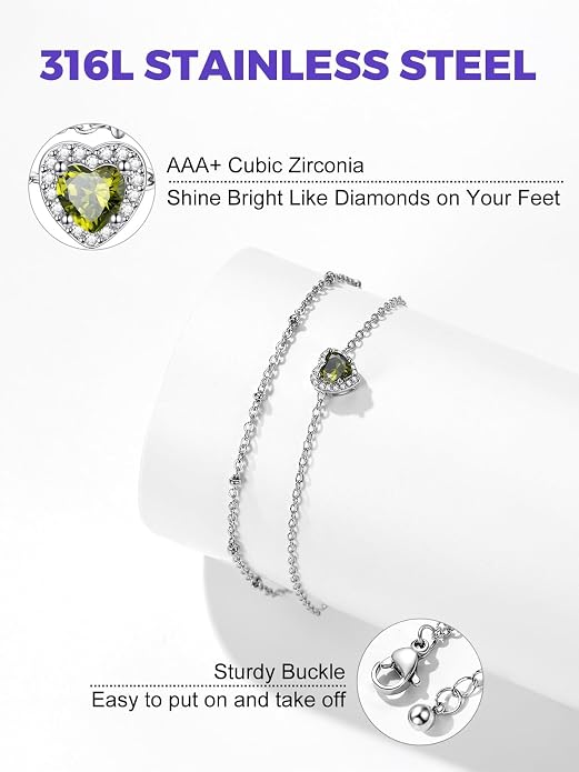 Richsteel Double Layer Heart/Butterfly Birthstone Anklet for Women Non Tarnish Waterproof, Silver/Gold/Black Stainless Steel 8.5-10.5 Inch Adjustable Chain Anklets Jewelry Gifts for Her