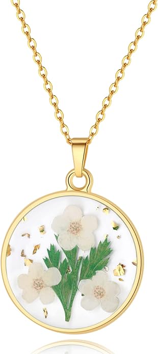 AUNTESIGN Forget-Me-Not and Queen Anne's Lace Pressed Wildflower Necklace | Birth Month Flowers Necklace | Gold/Silver Pressed Flower Jewelry | Mother's Day | Gift For Her