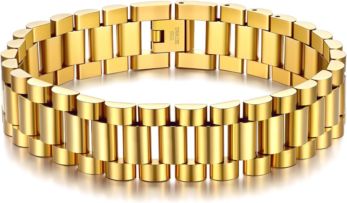 U7 Link Bracelets for Men, Cuban Link/Rope/Watch Band Solid Bracelet, Silver Black Gold Color Wrist Bracelet 3/6/9/12/15mm Width, 6.5/7.5/8.3 Inch Length, Hand Chain Jewelry for Mens Women