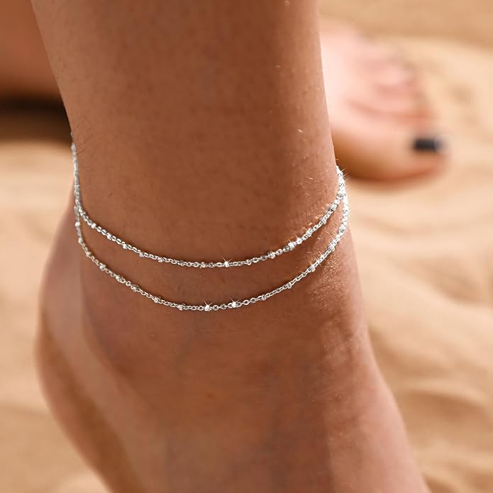 Silver/Gold Anklets for Women, Sterling Silver Evil Eye Ankle Bracelets for Women Trendy Dainty Waterproof Anklets Set Adjustable Layered Anklet Bracelets for Women Silver Jewelry Gift