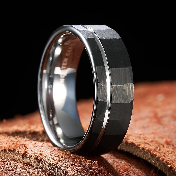 King Will Men's 8mm Tungsten Carbide Wedding Band, Hammered Faceted Diamond Cut Ring with Groove Inlay, Geometric Industrial Engagement Band for Men Women Comfort Fit Size 7-14