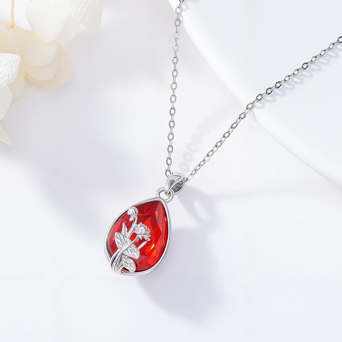 925 Sterling Silver Birth Flower Necklace with Teardrop Shaped Birthstone - 12 Colors, 12 Kinds of Flower - Ideal Birthday Jewelry Gift for Women, Mothers, Daughters & Wives