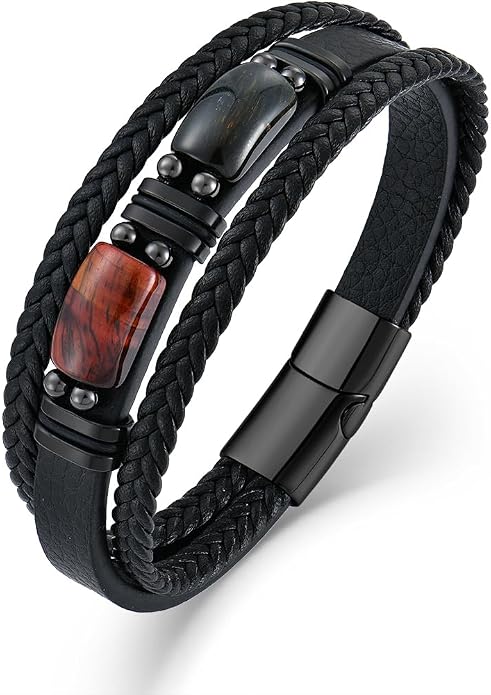 Mens Leather Bracelet Natural Tiger Eye Protection Multilayer Braided Wristband Bangle Gifts for Him