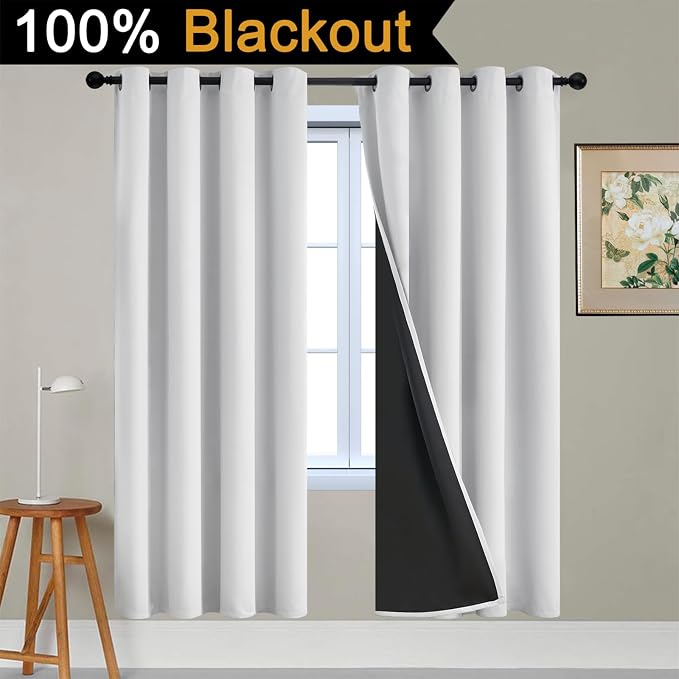 Yakamok 100% Blackout Curtains 72 Inches Long, 2 Thick Layers Heat and Full Light Blocking Soft Thermal Insulated Drapes for Bedroom(52" Wide Each Panel, Greyish White, 2 Panels) | Blackout Curtains for Bedroom/Living Romm Full Light Blocking Soft Ther...
