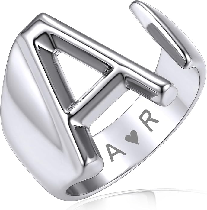 KeyStyle Bold Initial Letter Rings Adjustable, GoldChic Jewelry Women Gold Statement Ring Personalized Engraved Women’s Open Signet Ring for Party (Gold, White Gold, Black)
