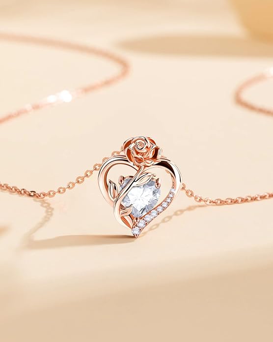 Anniversary Birthday Gifts for Women - Heart Birthstone Necklace: 925 Sterling Silver Rose/White/Yellow Gold Pendant Necklaces Gold Jewelry Gift for Wife Girlfriend Mom Daughter Grandma