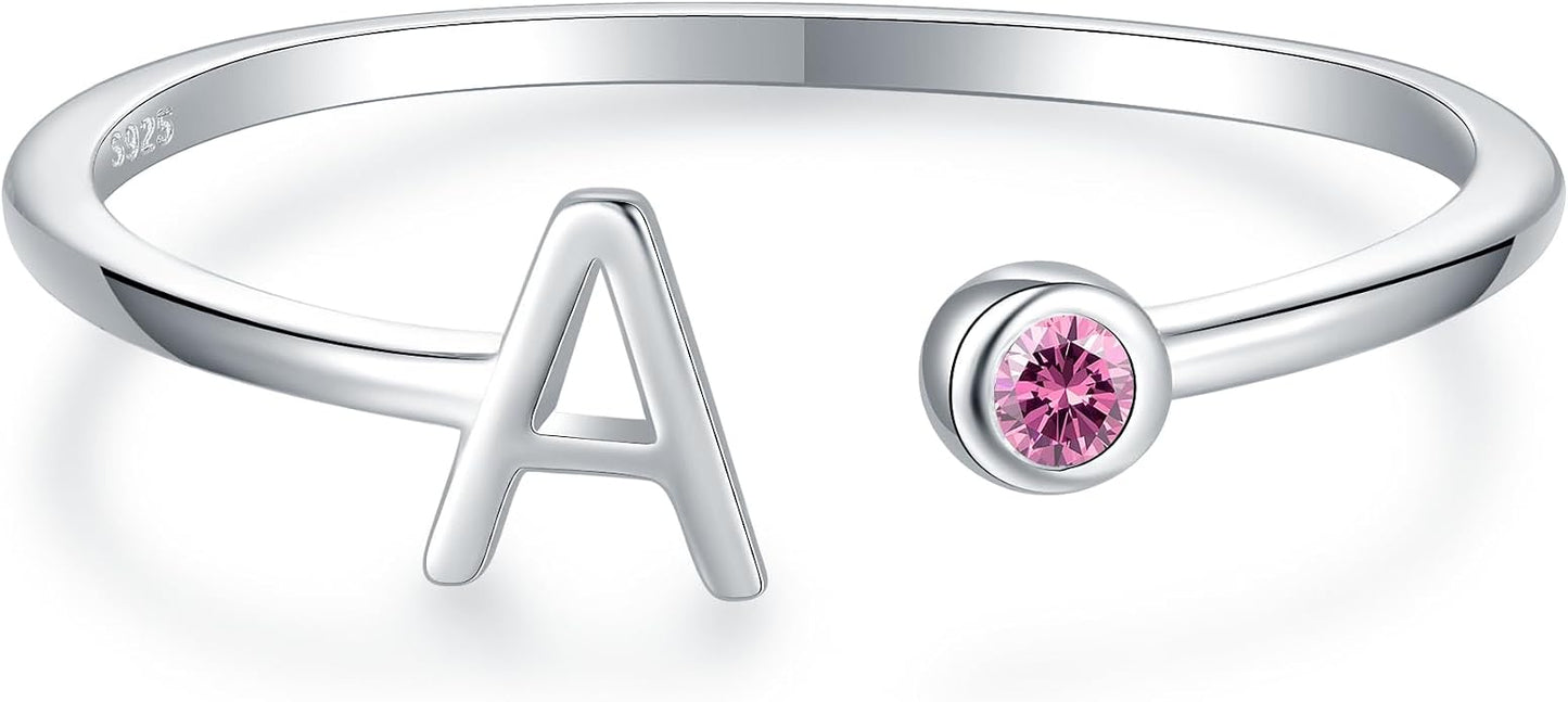 925 Sterling Silver Initial Letter Birthstone Rings for Women Adjustable 1-12 Month Birthstone Alphabet Stacking Ring for Teens Girls Stackable Birthstone Rings Birthday Jewelry Gift for Daughter Mom