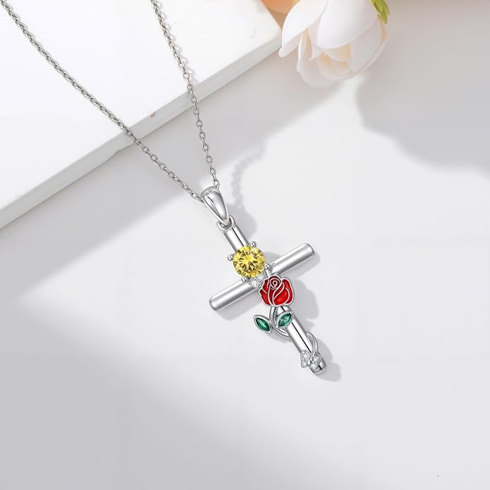 Birthstone Cross Necklace 925 Sterling Silver Rose with Butterfly Birthstone Cross Pendant Necklace Jewelry Gifts for Women Birthday Christmas