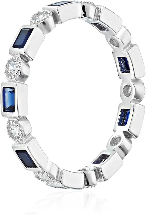 Amazon Essentials Platinum-Plated Sterling Silver Created Gem Eternity Band Ring set with Infinite Elements Cubic Zirconia Accents