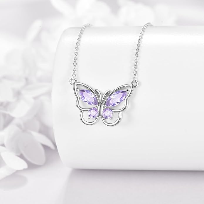 Butterfly Necklace for Women 925 Sterling Silver Crystal Butterfly Pendant Birthstone Amethyst Jewelry Gift