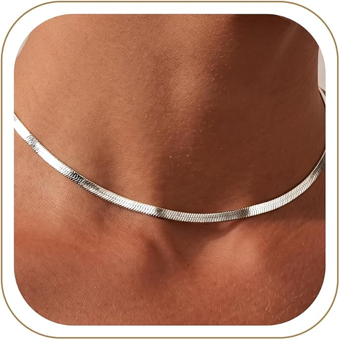 WomenGifts 14K Gold Silver Plated Herringbone Necklace for Women, Dainty Snake Chain Choker, Trendy Simple Long Layered Jewelry Non Tarnish, 3/4/5/8mm,14,16,18,20,22,24,26 Inch Thin & Chunky Options