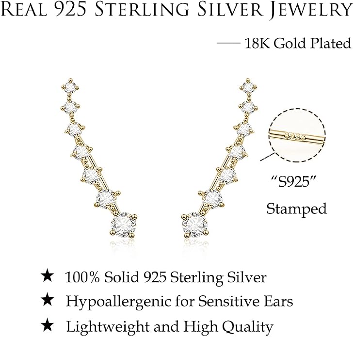 Reffeer Solid 925 Sterling Silver 7 Crystals Cuff Earrings Climber for Women Crawler Earrings Wraps