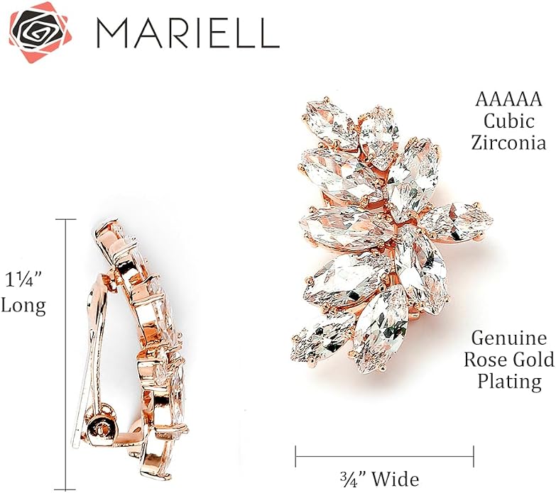 Mariell Clip-On Cubic Zirconia Crystal Bridal Earrings, Marquise Shape CZ Curved Clusters, Women Earrings for Wedding, Bridesmaids, Homecoming, Mother of the Bride