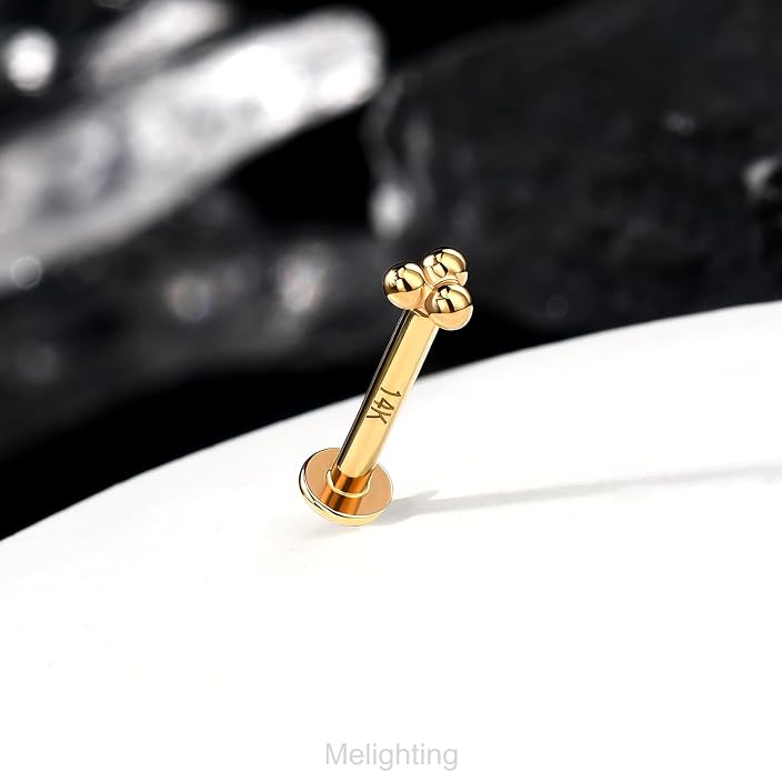 Melighting 14K Solid Gold Cartilage Earring - Internally Threaded 16G Flat Back Stud Earring - Gold Helix Piercing Jewelry - 8mm