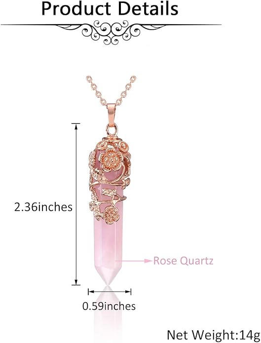 Jovivi Flower Wrapped Natural Healing Crystal Pointed Necklace Hexagonal Prism Gemstone Pendant Pendulum Necklace Reiki Jewelry Quartz for Women Men