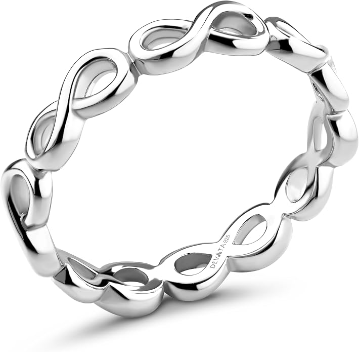 DEVATA Gold or Rhodium Plated Sterling Silver 925 – Eternity, Band Ring for Women – Heart, Knot, Clover, Infinity, Mariner, Cable, Curb, Cuban, Figaro, Daisy, Rope, Ribbed, Dome