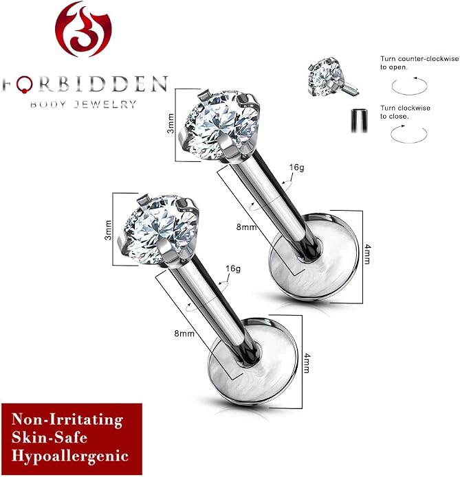 16 g Titanium Internally Threaded Tragus Piercing Jewelry CZ Top Flat Back Piercing Nose Studs Earring, Helix, Cartilage, Labret, Monroe for Women or Men