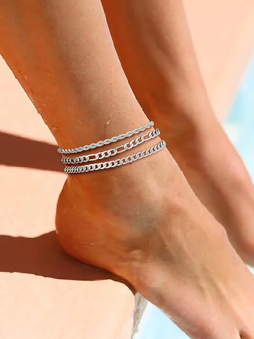 U7 2Pcs/3Pcs Ankle Bracelets for Women, Stainless Steel Cuban Link/Figaro/Rope/Heart Chain Anklets Sets,Waterproof Layered Anklets Adjustable 8.5"-10.5"