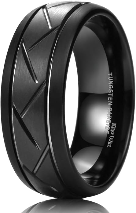 King Will Classic Tungsten Carbide Ring Brushed Two Grooved Center Hammered Design Mens Wedding Band for Men