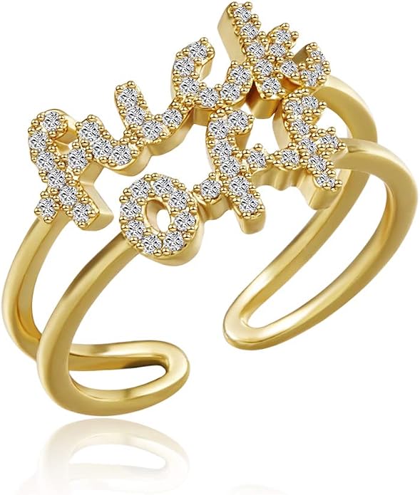 MOROTOLE Women Statement Letters Personalized Ring 18K Gold Plated Open Rings Hypoallergenic Cubic Zirconia Adjustable Rings for Women