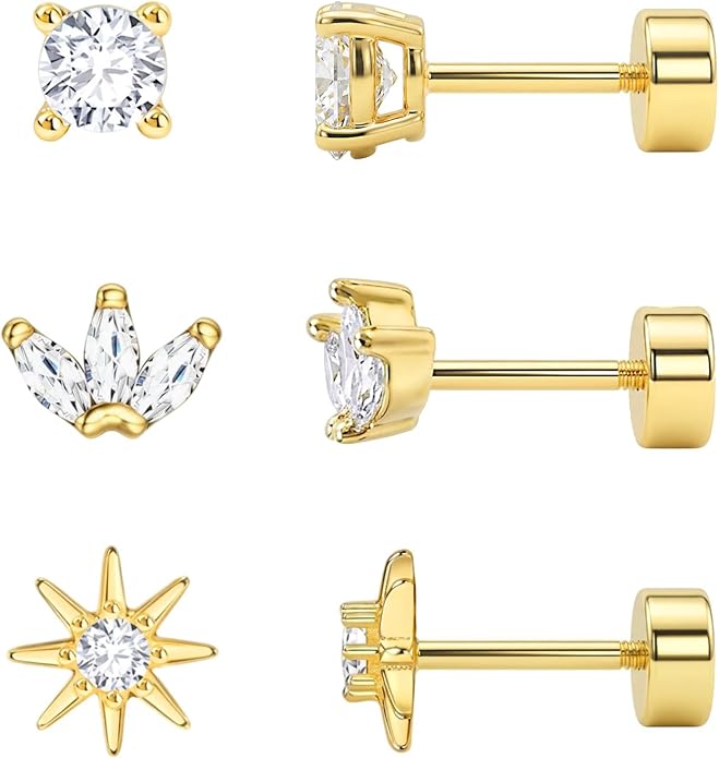 3 Pairs 20G Flat Back Earrings, G23 Titanium Hypoallergenic CZ Studs, 14K Gold Cartilage Helix Tragus Conch Piercing Jewelry for Women