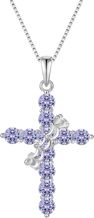 Rotated Crown Cross Necklaces for Women, 925 Sterling Silver Round Cut Zircon Neckalce Pendant With Ring Birthstones Jewelry for Her