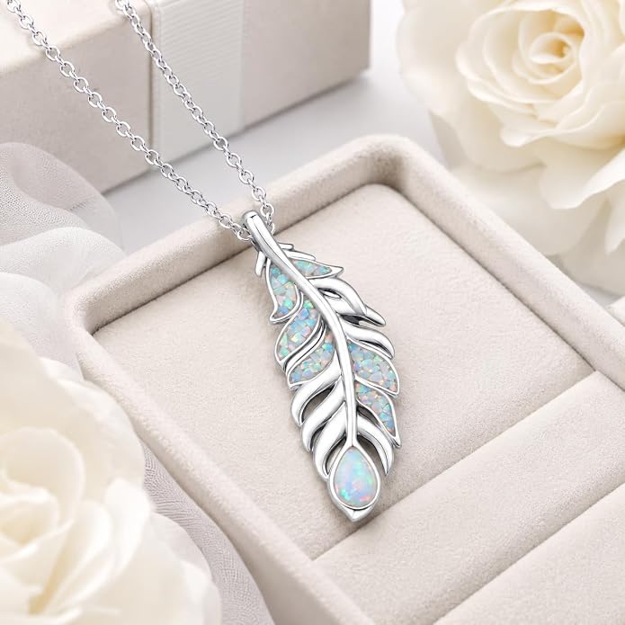 Feather Necklace White Gold Boho Jewelry Nature Inspired Statement Birthstone Pendant Gifts for Women