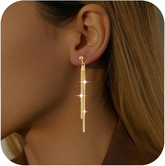 925 Sterling Silver Tassel Chain Dangle Earrings for Women Sparkling Long Fringe Dangle Drop Earrings Bling Line Minimalist Wedding Studs Earring Jewelry Birthday Christmas Gifts for Her