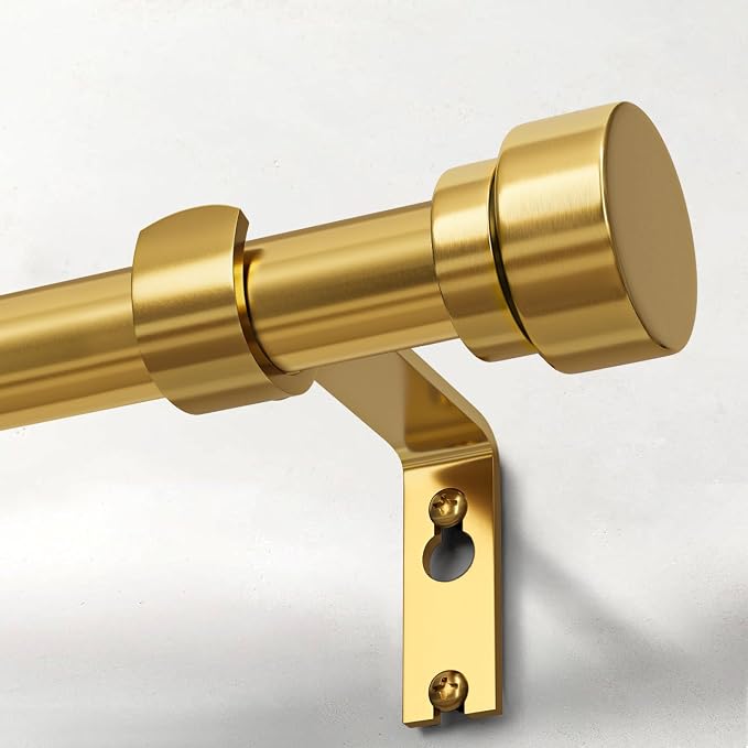 Lootkell Modern Gold Curtain Rods for Windows 48 to 84 Adjustable Length Heavy Duty 1" Diameter Brass Window Curtain Rod with Solid Metal Finials for Outdoor Farmhouse Bedroom Kitchen Living Room