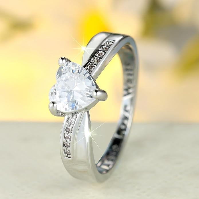 Women's Round Heart-shaped Zircon Ring with Inner Letter Engraving – Elegant Micro-Pavé Proposal Wedding Band, 0.8cm Solitaire Stone, White Gold Plated Brass