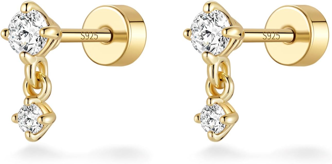 ASHINE 14K Gold Plated Dangle Flat Back Earrings | Sterling Silver Posts Dainty Double Stone Multi-Shape Earring | Tragus Cartilage Piercing Jewelry for Women