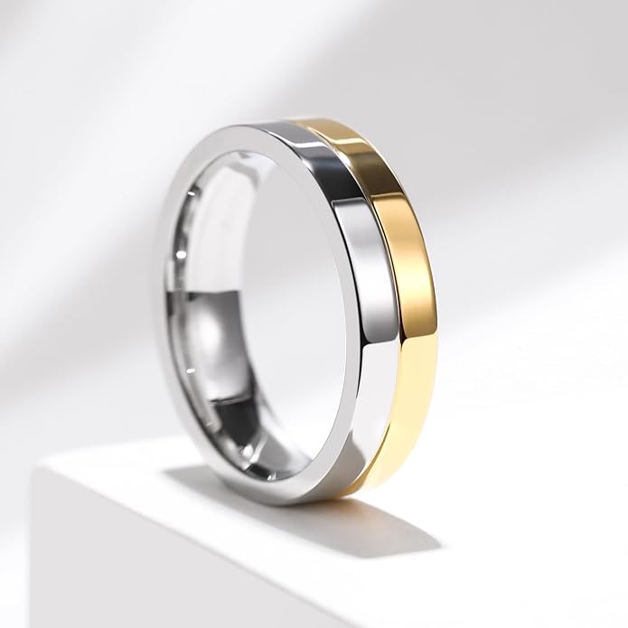 King Will 316L Stainless Steel Men's Wedding Band – 6/8 mm Dual-Tone Wedding Ring Polished Finish with Gold/Black Steel Plating, Fashionable and Durable Stainless Steel Men's Ring Size 7-14