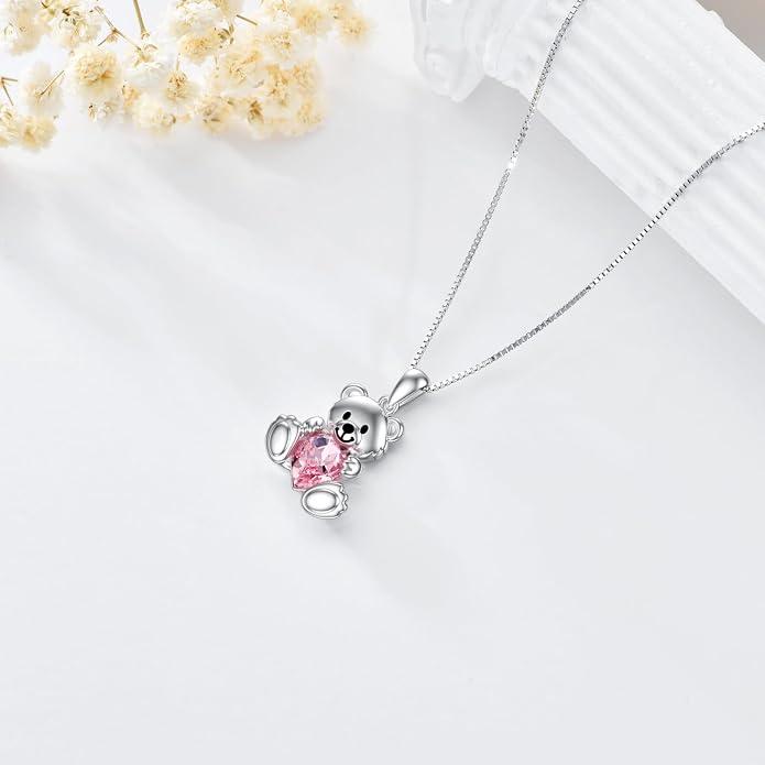 PELOVNY Teddy Bear Necklace for Women 925 Sterling Silver Bear/Highland Cow/Fox/Cat/Axolotl Birthstone Necklace Christmas Birthday Jewelry Gifts for Mom Daughter Wife Sister