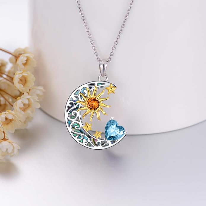 AOBOCO 925 Sterling Silver Sun and Moon Star Pendant Necklace with Simulated Birthstone, Birthday Christmas Jewelry Gift for Women Teen Girls