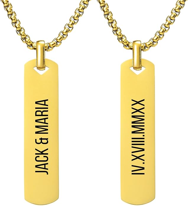 Fathers Day Personalized Vertical Bar Pendant Necklace - Custom Name Text Necklace Customized Stainless Steel Memorial Necklace Dad Gifts for Men