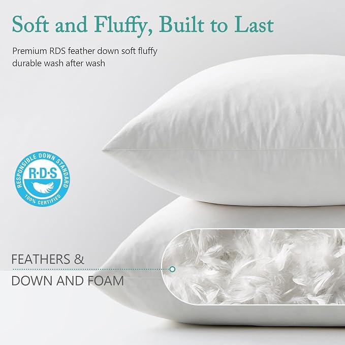BPC Luxury Feather Down 24x24 Pillow Inserts Set of 2, Soft Fluffy Throw Pillow Inserts, 100% Organic Cotton Cover, Square Pillows for Couch, Living Room, Bed, Sofa