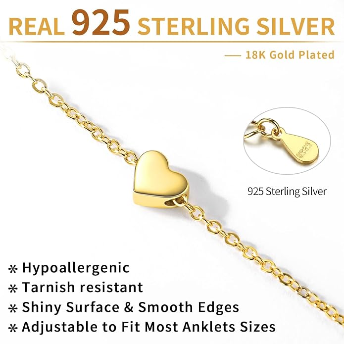 ChicSilver Personalized 925 Sterling Silver Tiny Heart/Moon/Star/Sun/Dot/Triangle Anklets Simple Dainty Foot Jewelry for Women, Silver/Gold Plated/Rose Gold Plated