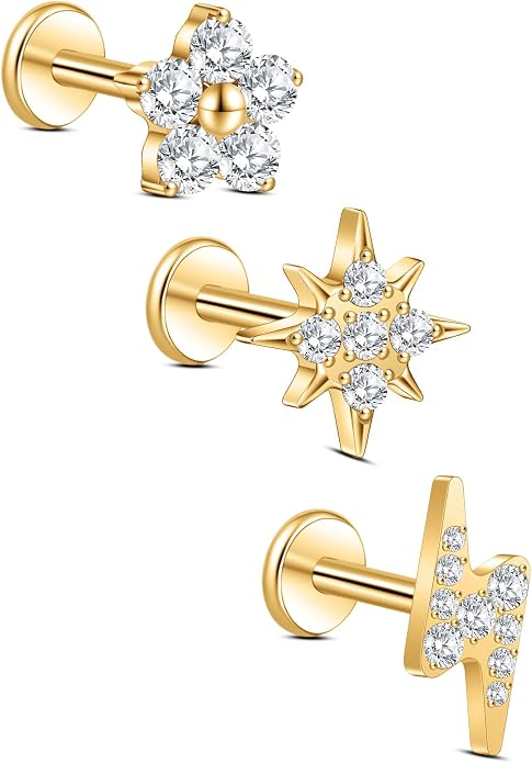 limerencia Titanium Internally Threaded Flat Back Earrings, 3 Pcs Implant Grade Hypoallergenic Studs, 18G Tragus Helix Conch Cartilage Piercing Jewelry for Sensitive Ears Women Men, Gold/Silver
