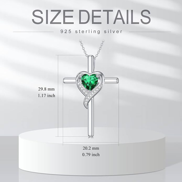 TOUPOP Birthstone Cross Necklace for Women 925 Sterling Silver Heart Cross Pendant Necklace Mothers Day Birthday Jewelry Gifts for Mom Wife Her