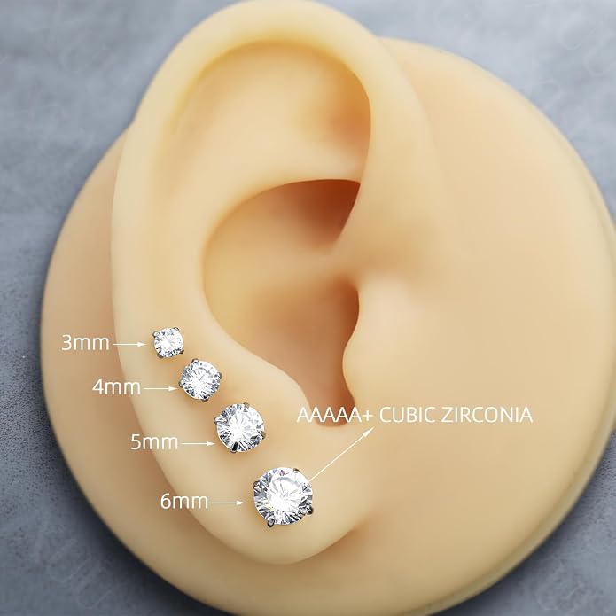 XUU Flat Back Stud Earrings, Implant Grade Titanium Earrings Set for Women, Hypoallergenic 20G Screw Back Earrings for Sensitive Ears, 3–6mm CZ Crystal, Gold Silver Black