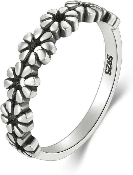 BORUO 925 Sterling Silver Ring, Daisy Flower Hawaiian High Polish Tarnish Resistant Comfort Fit Wedding Band Ring