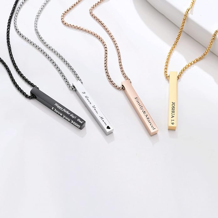 VNOX Personalized Bar Necklace Vertical - Customized Necklace Stainless 3D Pendant Custom Name Engravable Necklace Gift for Women Men