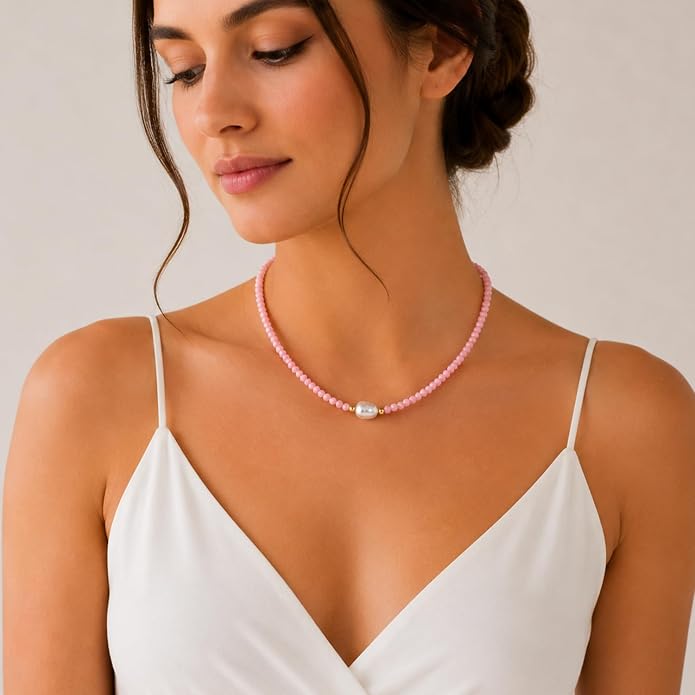 InfinityGemsArt Gemstone Gold Necklace For Women, Birthstone Natural Crystal Stone With Freshwater Pearl Beaded Jewelry, Gold Plated 18 Inch Chain