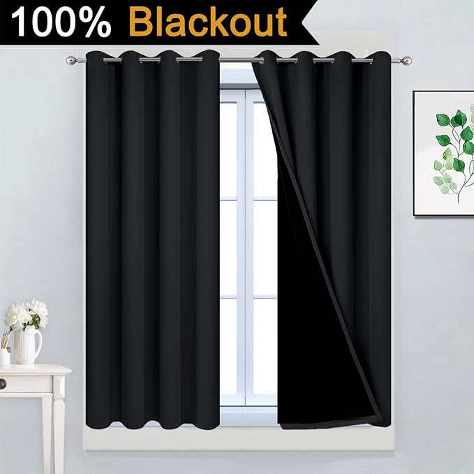 Yakamok Black 100% Blackout Curtains 54 Inches Long for Bedroom 52" Wide | Blackout Curtain Panels for Bedroom, 2 Thick Layers Grommet Top Thermal Insulated Drapes with Black Liner for Living Room