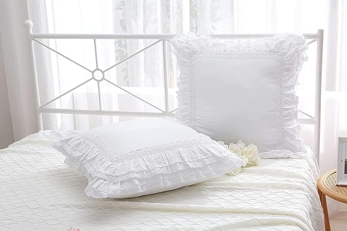 18x18 White Lace Pillow Cases,White Ruffle Throw Pillow Covers 100% Cotton Pillowcase Set of 2,Farmhouse Decorative Square Ruffle Pillow Shams,for Bed Room,Sofa