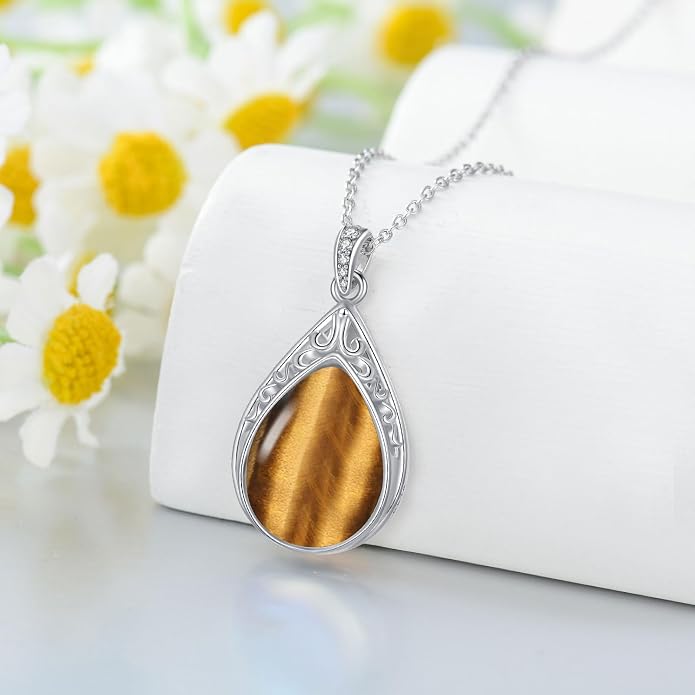 HPQQ Teardrop Necklace 925 Sterling Silver Filigree Gemstone Pendant Necklace Fine Jewelry Birthday Mother's Day Gifts for Women Her Mom