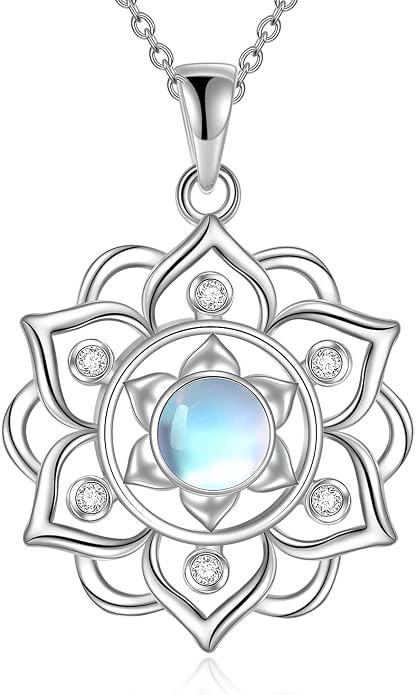 ONEFINITY Lotus Necklace 925 Sterling Silver Moonstone Pendant Necklace Yoga Lotus Jewelry for Women