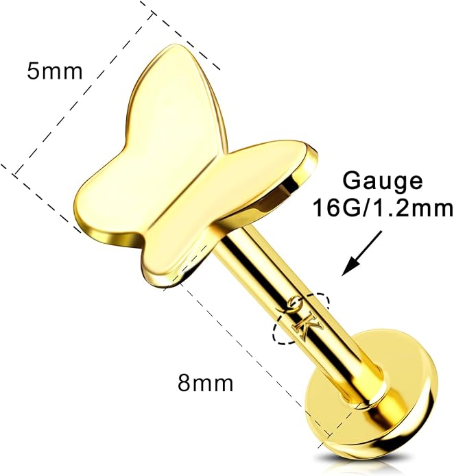 Jewseen 9K Real Solid Yellow Gold Butterfly Stud Earring Flat Back Internal Threaded 16G 8mm Gorgeous Fine Piercing Jewelry for Auricular Cartilage Helix Tragus Lobe Lip