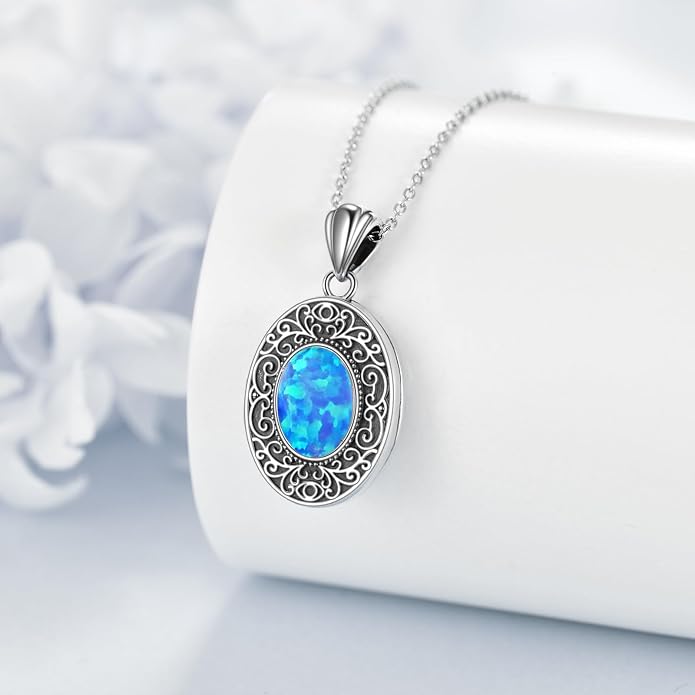 CRMAD Opal/Moonstone/Turquoise Locket Necklace for Women Sterling Silver Oval-Shaped Opal Locket Pendant Holds Pictures Always with You Vintage Style Photos Locket Jewelry Gifts for Loved One