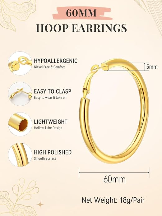 FaithHeart Chunky Hoop Earrings for Women, Silver/Black/14K Gold Plated Stainless Steel Earrings 5mm Thick Hollow Tube Hoops Hypoallergenic Lightweight Earring 20/30/40/50/60/70/80mm